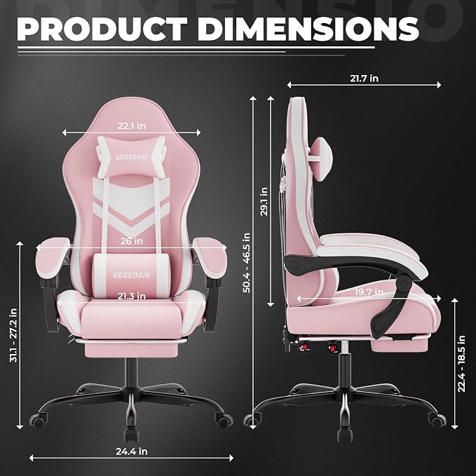 Gaming Chair with Footrest & Massage Lumbar Support, PU Leather Ergonomic High Back Swivel Height Adjustable Chair for Adults, Office Gaming, 300 lbs (Pink White) - Image 3