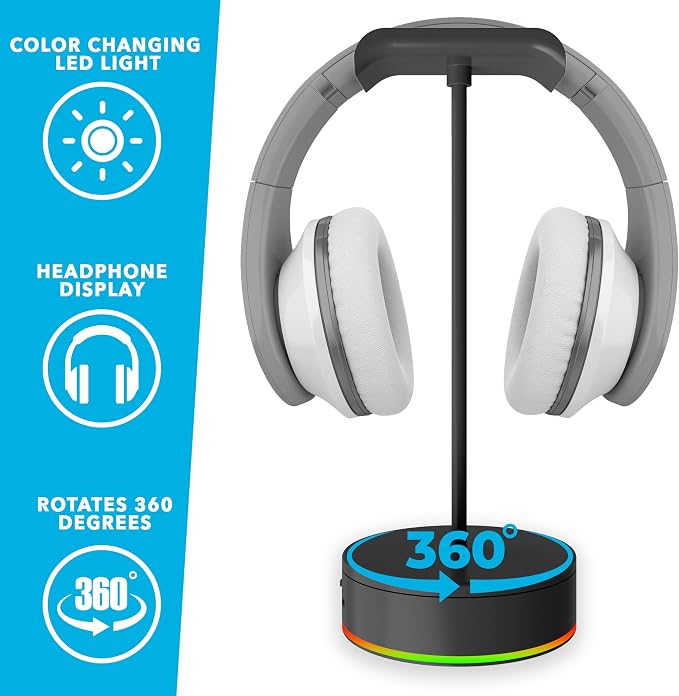 Rotating Headphone Display Stand for Desk with LED Lights - Spinning Gaming Headset Stand (Black) - Image 3