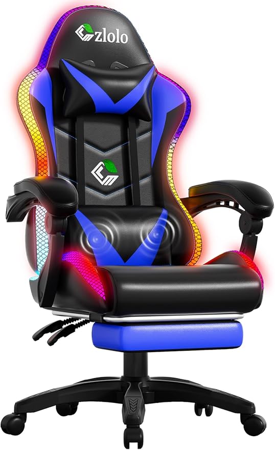 Czlolo Gaming Chair, Racing Style RGB LED Lights Gaming Chairs for Adults and Kids, Lumbar Massager Gamer Chair, High Back Reclining Computer Chair with Footrest and Headrest (Black/Blue) by GamersChoice