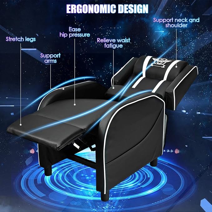 Giantex Gaming Recliner Chair, Adjustable Massage Gaming Chairs for Adults, Ergonomic Comfortable Lounge Leather Sofa w/Footrest, Remote Control, Side Pocket, Racing Style Single Sofa Recliners, White - Image 8