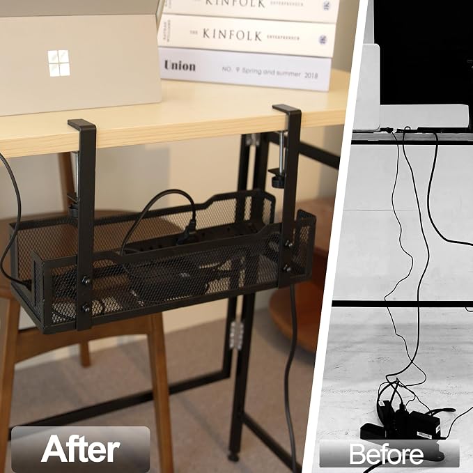 No Drill Under Desk Cable Management Tray with clamp-Premium Wire Tray Cord Organizer – Thin Steel Cable Tray Basket with Charger Holder for Desk–Black Cable Management Box–Easy to Install - Image 6