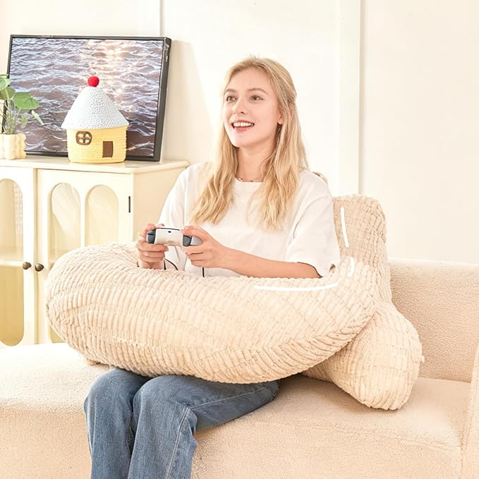 17" Reading Pillow for Bed,U Shaped Arm & Elbow Support,White Corduroy | Backrest Supports Back,U Shaped Lap Pillow Cushions Arms,Elbows & Wrists,Ribbed Corduroy for Reading,Gaming,Watching TV by PAJEO