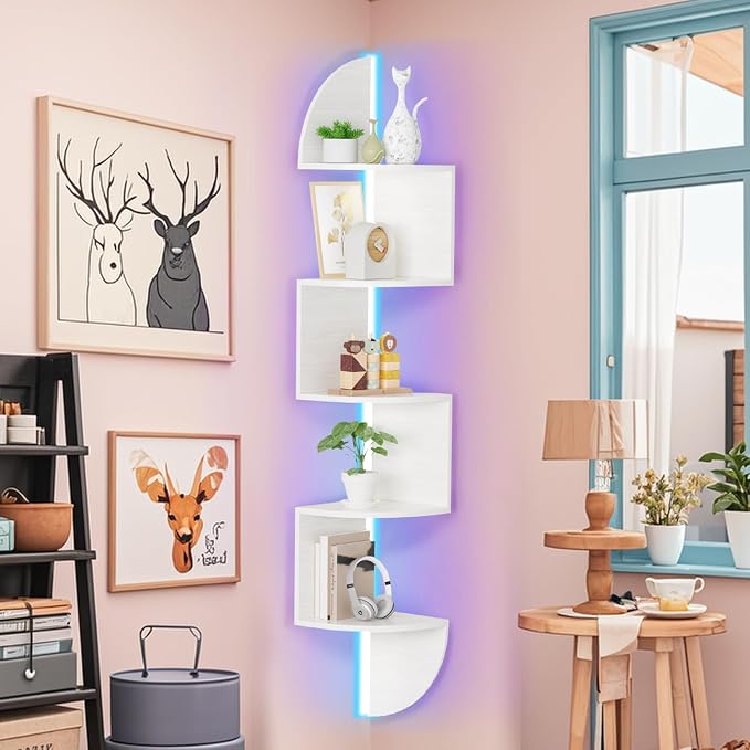 Waipfaru Corner Shelf, 5 Tier Bookshelf with LED Light, Corner Shelf Wall Mounted, Floating Shelves for Wall, Display Stand for Bedroom, Living Room, Bathroom, Home, Office, White - Image 3