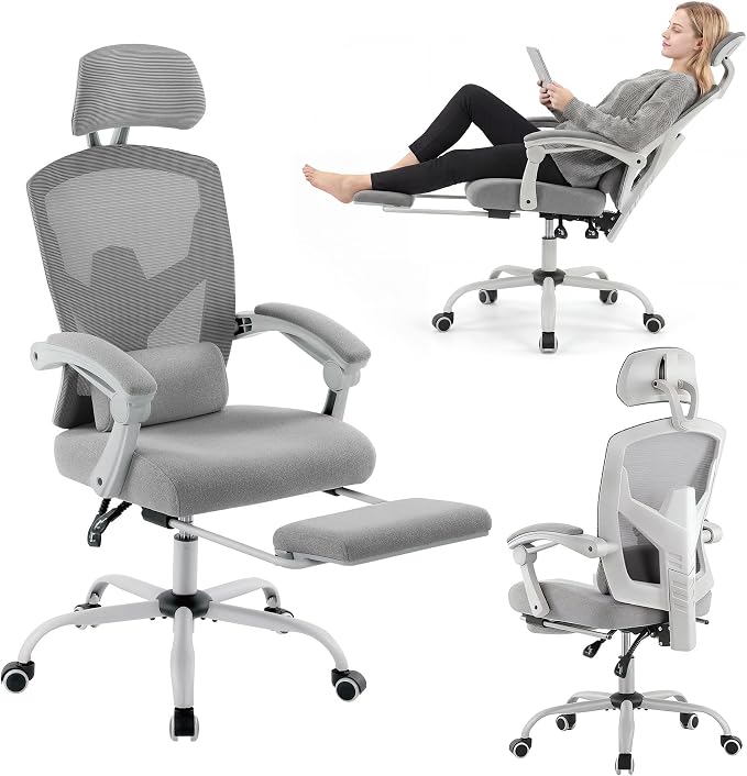 Ergonomic Office Chair with Footrest, Comfortable Desk Chair Gaming Chair | Leg Rest, Swivel Mesh Desk Chair with Headrest and Lumbar Support for Home, Office, Work, Study, Grey by BRITEMART