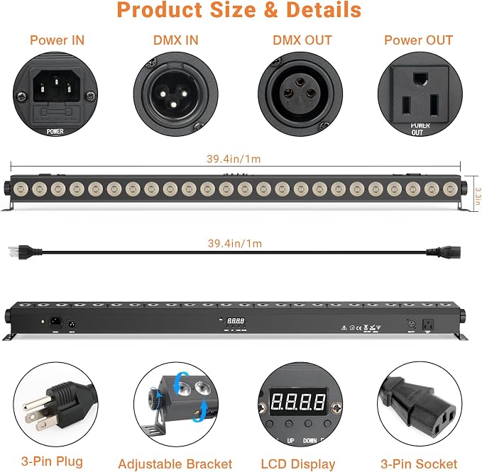 24LEDs Stage Wash Light Bar: RGB+Amber 4IN1 Color Chasing DMX Light Bar - Sound Activated Remote Control for DJ Planner - Wall Wash Uplights for Events Music Gig Church Wedding Party Band Performance - Image 6