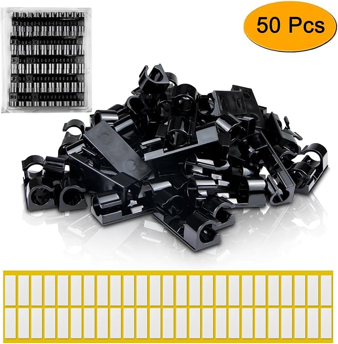 SOULWIT 50 Pcs Self Adhesive Cable Management Clips, Cable Organizers Sticky Wire Clips Cord Holder for TV PC Laptop Ethernet Cable Desktop Home Office (Black) - Image 2