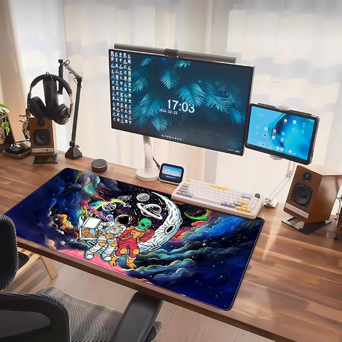 Funny Space Mouse Pad Desk Mat Astronaut Alien Large Gaming Mouse Pads Anime Desk Pad Mousepad XXL Cool Trippy Universe Extended Keyboard Mat with Stitched Edges Anti-Slip, 31.5 X 15.8 in - Image 7