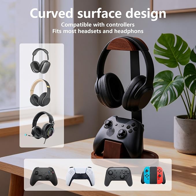 Wooden Headphone Stand for Desk,Controller Stand for Desk with Storage Base | Controller and Headset Stand,Headset Holder with Gaming Controller Holder (Walnut) - Image 3