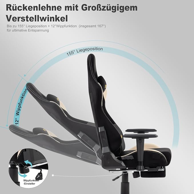Symino Gaming Chair, High Back Ergonomic Office Chair with 2D Adjustable Armrests, 150° Recline, Breathable Faux Suede, Adjustable Headrest & Footrest for Home Office - Image 5