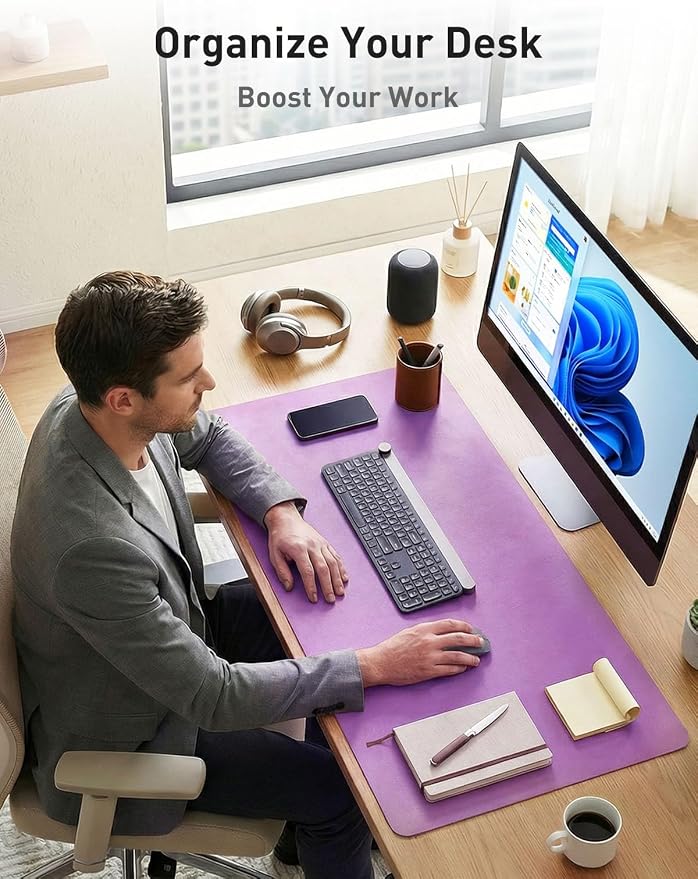 Aothia Faux Leather Desk Mat - Non-Slip PU Leather Desk Blotter, Waterproof Writing Surface, Large Desk Pad for Office & Home (Iris Violet, 55" x 17") - Image 3