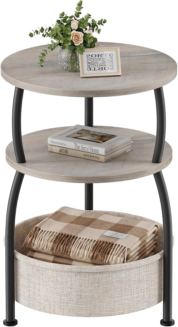 Round Side Table with Storage Basket, End Table Living Room, Greige by designyourhome