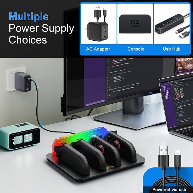 Joy-Con Charging Dock for Nintendo Switch 2, JoyCons 2 Charger Accessories 4 in 1 with LED Indicator, Vibration RGB Light and Charging Cable - Image 4