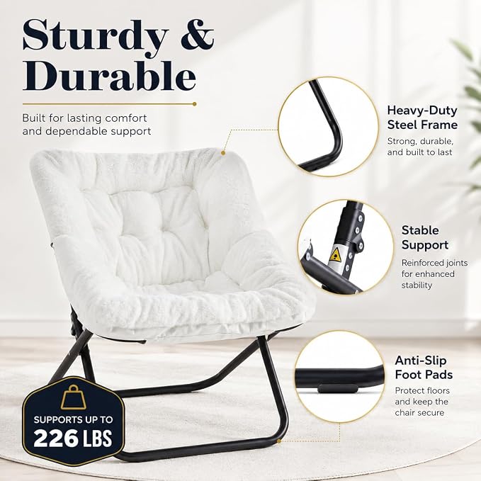 Simple Deluxe Oversized Square Moon Chair for Adults, Soft Faux Fur Folding Lounge Chair with Sturdy Steel Frame, Comfortable Reading Gaming Chair for Living Room, Bedroom, White - Image 5