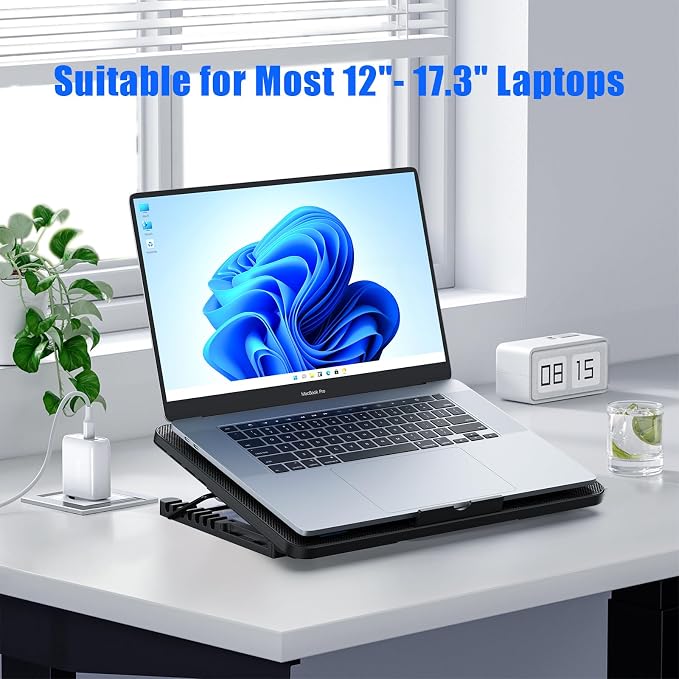 LIANGSTAR Laptop Cooling Pad, Laptop Cooler with 8 Quiet Fans for 12-17 Inch Gaming Laptop Fan Cooling Pad Stable Stand 7 Height & Wind Speed Adjustable, 2 USB Port & Phone Holder - Image 6