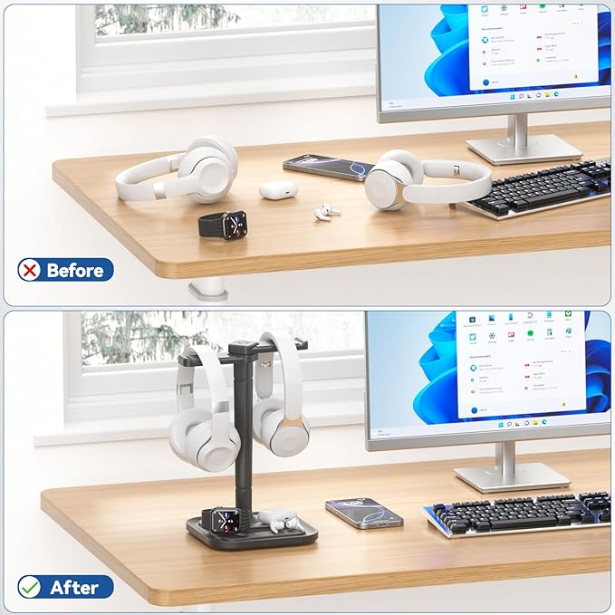 KDD Dual Headphone Stand for Desk - Rotatable Headset Hanger with Phone Holder - Removable Non-Slip Base for Gamers Desktop Accessories - Image 5