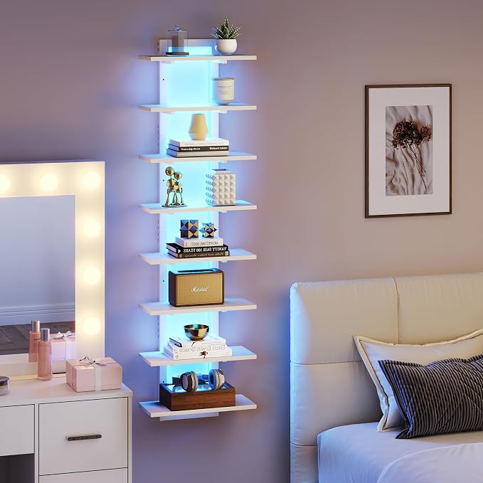 LED Wall Mounted Display Shelf with RGB Lights, 8-Tier Vertical Wall Shelf for Gaming Room, Bedroom and Living Room, Floating Shelves for Collectibles and Decor, 15"W x 5.5"D x 58.3"H, White - Image 5