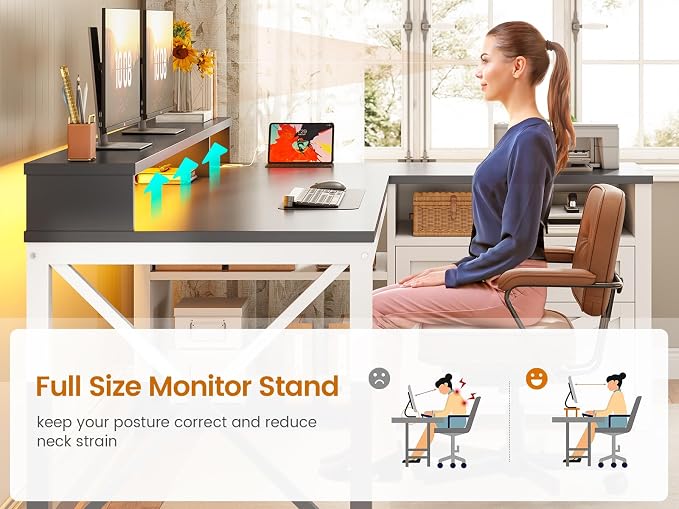 SEDETA Corner Computer Desk, 55" L Shaped Gaming Desk with Storage Drawers and Power Outlet, Farmhouse Corner Gaming Desk with Storage Shelves and LED Lights for Home Office, Black - Image 7