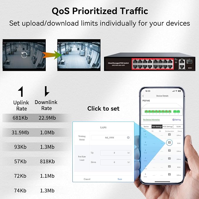 PoE Switch, 16 Port Managed POE+ Ethernet Switch(16 POE+ Ports+2 Gigabit Uplink,1 x 1.25G SFP), 240W Built-in Power, Support VLAN, QoS, Fanless Metal, Plug & Play(Wall Mount/Rack Mount) - Image 6