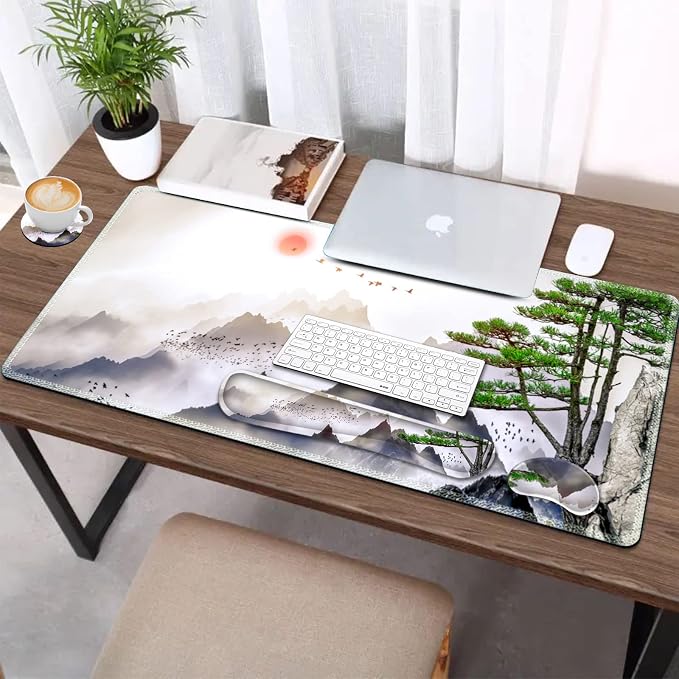 AIMSA Large Gaming Mouse Pad Set, Keyboard Wrist Rest Support + Extended Mouse Pad + Mouse Wrist Cushion + Coaster, Ergonomic Memory Foam Desk Mat 35x15.7in Anti-Slip Base (Pine Tree Mountains) - Image 6