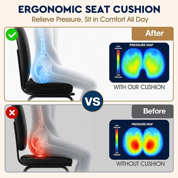 TushGuard Seat Cushion, Memory Foam Office Chair Cushion - Black, Large | for Car Seat, Airplane, Desk Chair - Sciatica & Hip & Coccyx Pain Relief Cushion for Long Sitting Office Workers, Car Drivers - Image 3