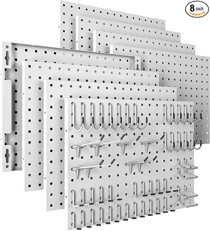 Spampur Peg Board, 8 Pack Metal Pegboard Panels with 50 Hooks by Spampur