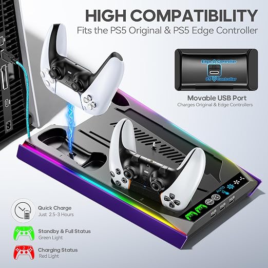 Rysker P-5/Slim/Pro Stand and Cooling Station with LED Controller Charging Station, P-5 Controller Charger, P-5/Slim/Pro Accessories Kit with 3 Level Cooling Fan for PlayStation 5 Case - Image 4