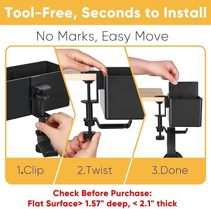 4-in-1 Clip On Desk Cup Holder, Fits up to 40oz cups - Mountable Holder with Adjustable Divider & 360° Rotating Hook - No Spill Clamp On Drink Holder Attachment - for Desk Chair Table Bed Tray - Black - Image 7
