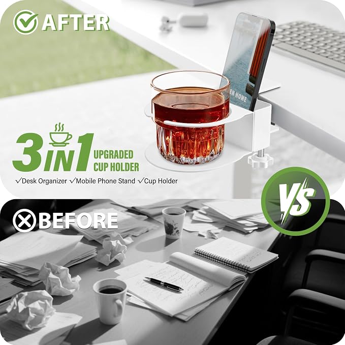 Desk Cup Holder for Coffee Mugs, Tumblers, Water Bottles with Mobile Phone Stand, Anti-Spill Metal School Home Office Accessories (White-1) - Image 3