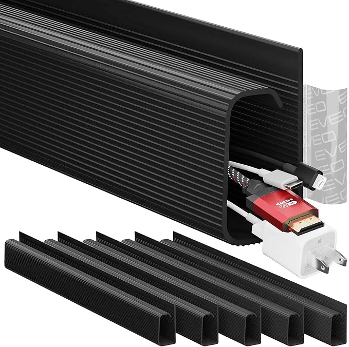 EVEO Cable Management Under Desk Kit (6 Units) - Under Desk Cable Management Cord Hider, Cable Hider Cord Management, Cable Organizer, Cable Raceway | Self-Adhesive 96'' J Channel 6X16 - Black by EVEO