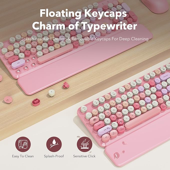 Wireless Keyboard and Mouse Combo, Retro Typewriter Style Keyboard with Round Keycaps, Magnetic Wrist Rest, Full-Size 2.4GHz Cordless for Mac, Windows PC, Laptop, SABLUTE CK23, Cotton Candy Pink - Image 3