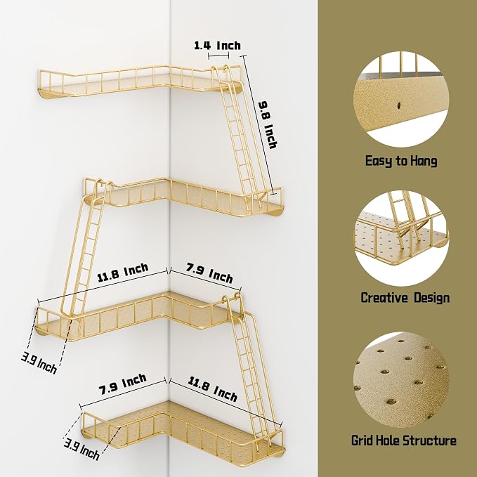 Fire Escape Wall Shelf - Modern City Style 4-Tier Corner Wall Shelves, Easy to Install Metal Ladder Shelf for Figures, New York Decorative Shelves for Bathroom, Living Room & Home Decor,Gold - Image 2