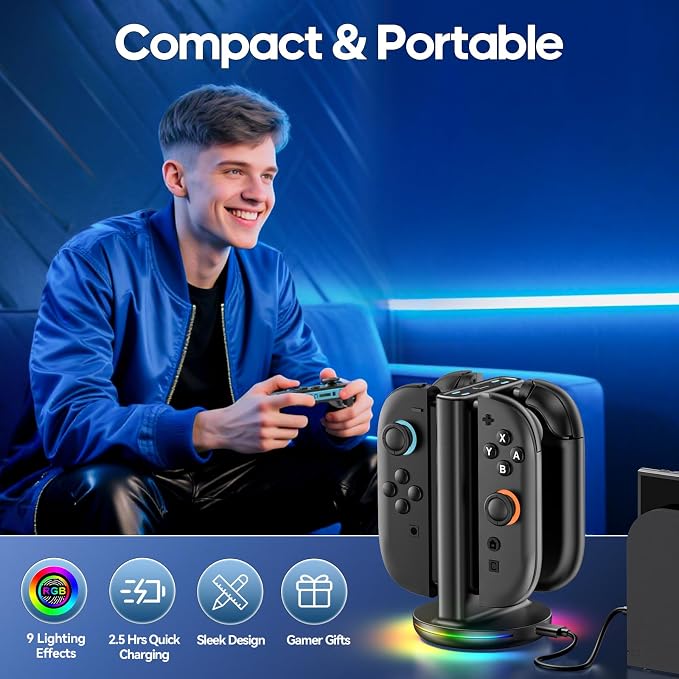 Switch 2 Joycon Charger with 9 RGBs, Switch 2 Controller Charger with Magnetic & Bi-Directional Design, 4 in 1 Joycon 2 Charging Dock Station Stand with Cable for Sega Genesis Console - Image 7
