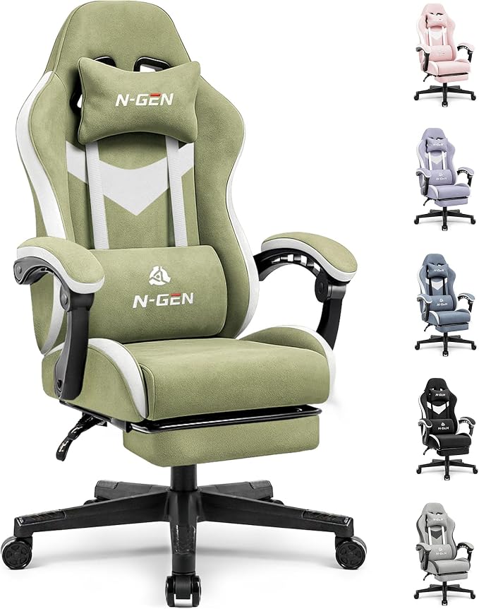 N-GEN GAMING Gaming Chair, Reclining Backrest, Footrest, Fabric, Green | Ergonomic Design with Reclining Backrest, Linkage Armrests and High-Density Foam, Comfy Seating for Computer or Home Office by N-GENGAMING