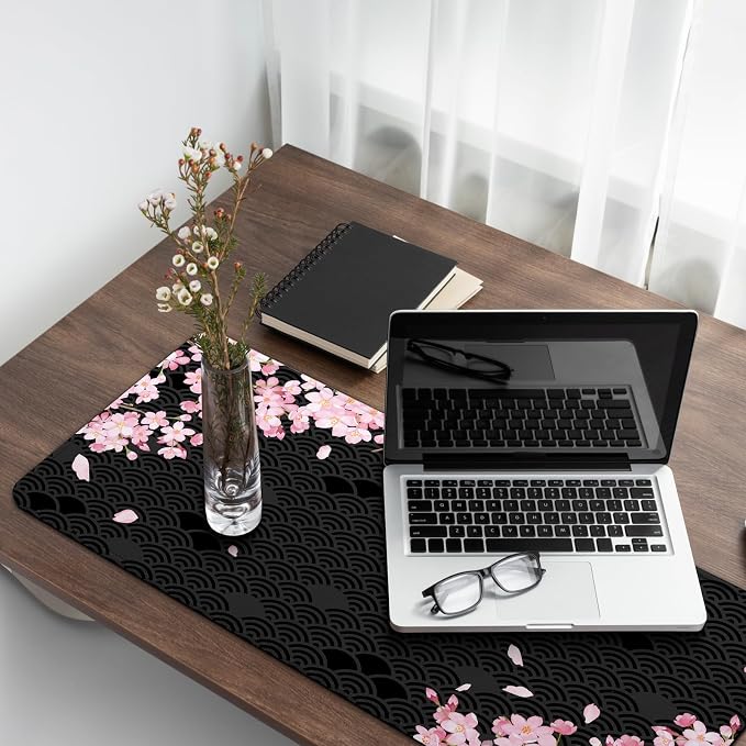 Gaming Mouse Pad with Anti-Slip Rubber Base, Extended Large Computer Mouse Mat with Stitched Edges, Long XL Anime Mousepad for Laptop and Keyboard, 31.5 x 11.8 inch (Black Cherry Blssom) - Image 7