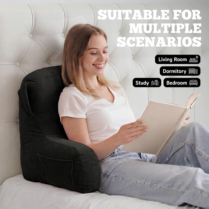 Unisakey Portable Comfy Reading Pillows for Bed Sitting Up(Grey Oeko-Tex), Velvet Back Pillow with Arms & Pockets for Adults, Support Memory Foam Bed Pillow for Dorm/Reading/Watching/Gaming - Image 3