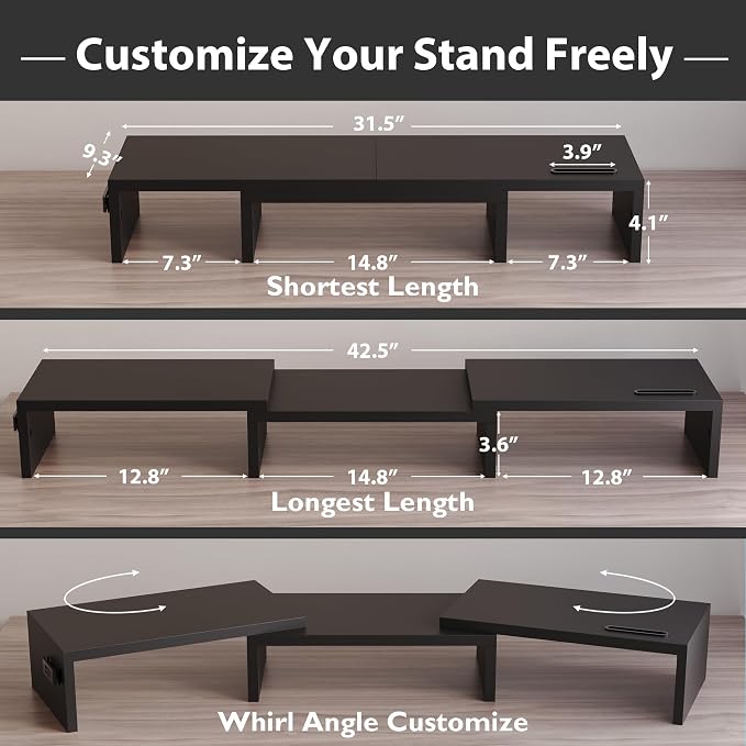 BONTEC Dual Monitor Stand Riser, Adjustable Length & Swivel Angle, Black | Ergonomic Wooden Desktop Organizer with Smartphone Holder, Computer Monitor Stand for PC, Laptop,Printer and Large Storage - Image 3