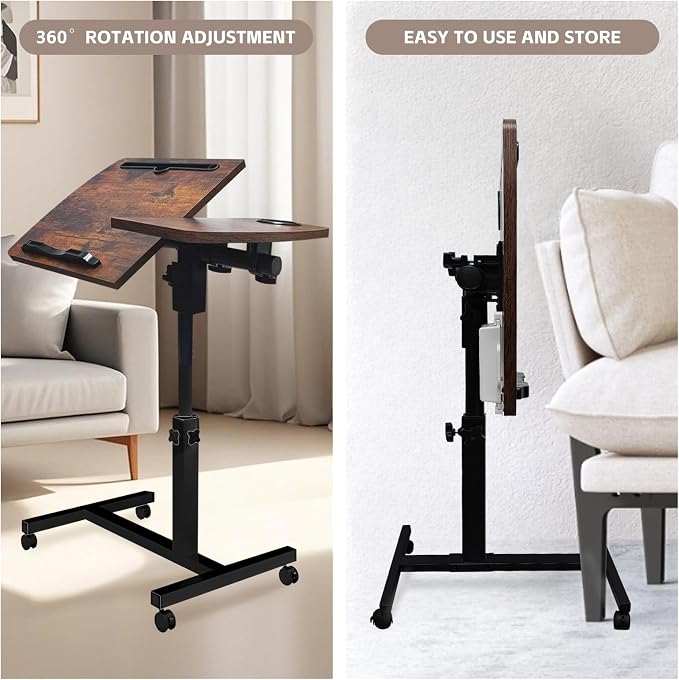 Overbed Table with Wheels Adjustable Height, Tiltable Desktop with Tray, Over Bed Table Rolling Bedside Tables, Medical Mobile Standing Desk, for Hospital Office Bedroom Sofa, Brown - Image 6
