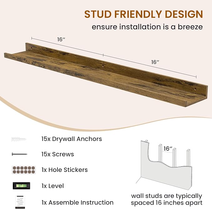 Picture Ledge Shelf, Floating Shelves for Wall Decor, Brown, Set of 6, 36'' - Image 5