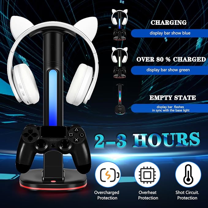 PS4 Controller Charger with RGB Headphone Stand, JDGPOKOO PS4 Controller Charger Dock Station with 2 USB Charging Ports, Headset Stand for PlayStation 4 Charging Station, Black - Image 2