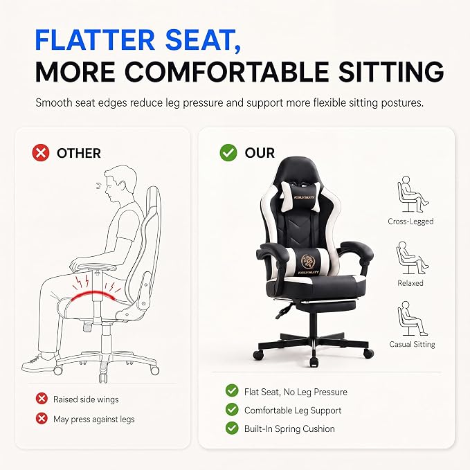 Desk Computer Gaming Chair - High Back Ergonomic Office Chair with Footrest and Lumbar Support, Swivel Comfy Home Gamer Video Game Chairs with Pocket Spring Cushion for Adults (White Leather) - Image 4