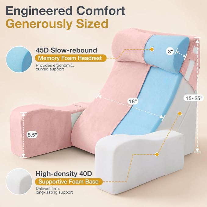Sasttie 15-25 inch Adjustable Reading Pillow with Armrests, Pink | Back Rest Pillow with Secure Side Straps, Memory Foam Back Support Cushion Bed Chair for Reading, Gaming & Relaxing - Image 7