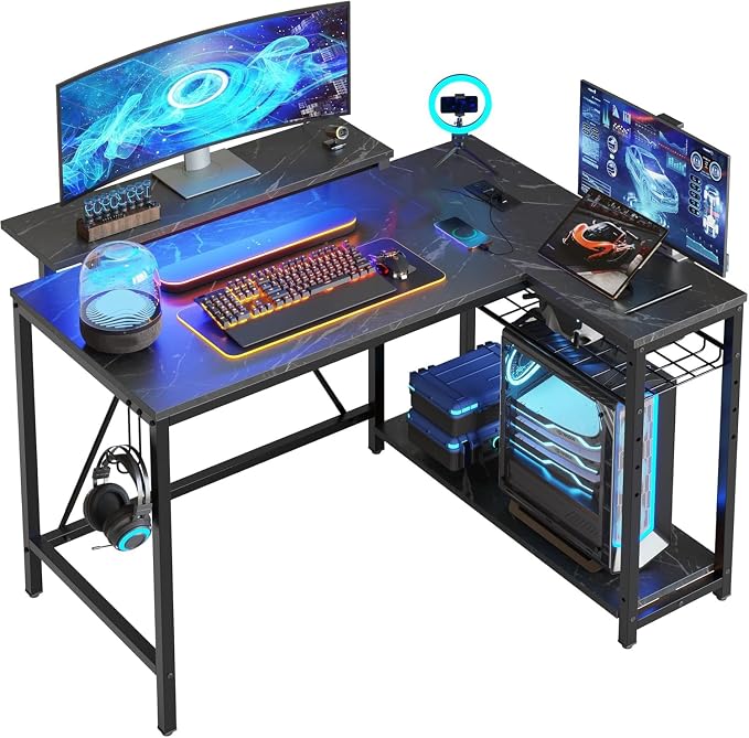 Bestier 42-Inch L-Shaped Gaming Desk with Charging & LED, Marble Black by Bestier