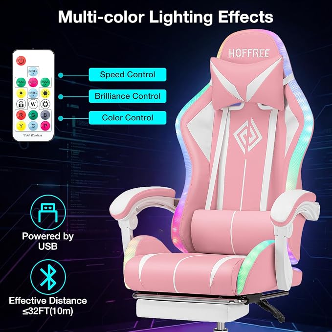 Pink Gaming Chair with RGB LED Lights Massage Computer Chairs for Girls | High Back Video Game Chair with Footrest & Adjustable Lumbar Support Ergonomic Gamer Chairs for Women Racing Style Recline - Image 5
