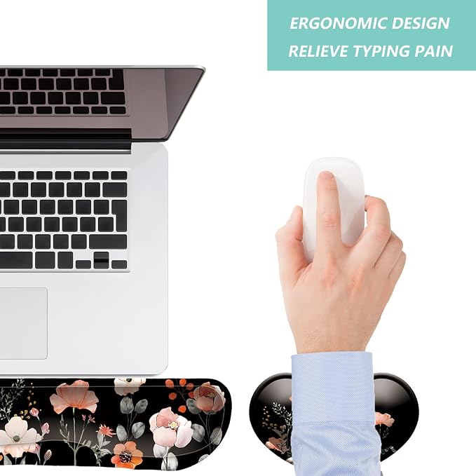 Keyboard Wrist Rest Mouse Wrist Support Set, Memory Foam Wrist Rest Pad for Computer Laptop Keyboard Mouse, Ergonomic Wrist Cushion Support for Typing Pain Relief, Gaming Home Office, Flower Black - Image 7