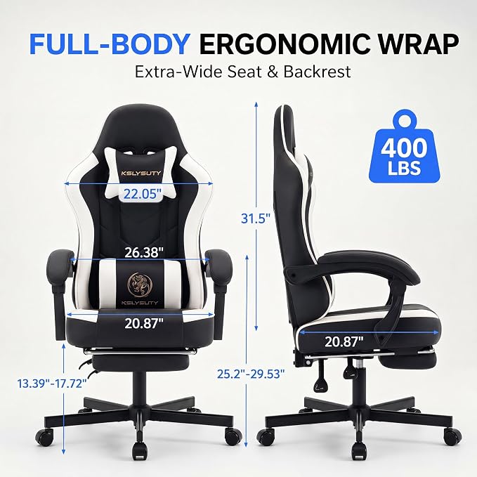 Desk Computer Gaming Chair - High Back Ergonomic Office Chair with Footrest and Lumbar Support, Swivel Comfy Home Gamer Video Game Chairs with Pocket Spring Cushion for Adults (White Leather) - Image 3