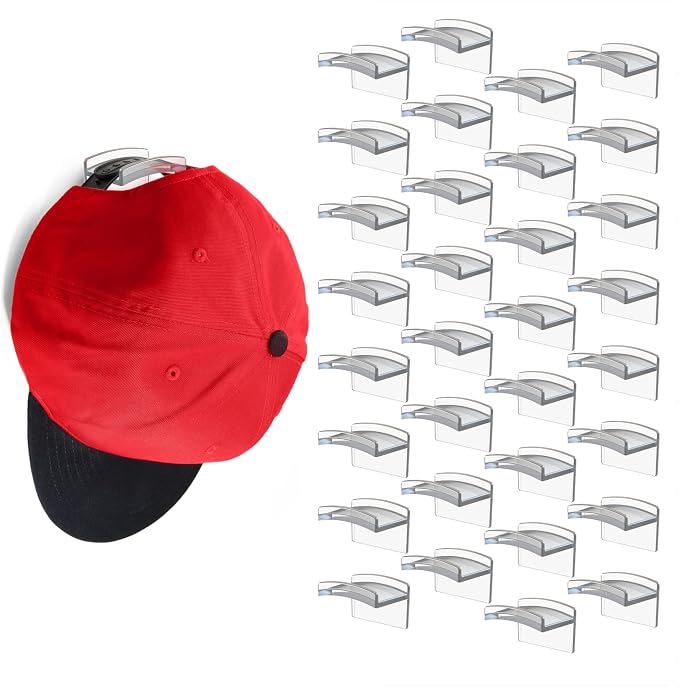Modern JP Adhesive Hat Hooks for Wall (32-Pack) - Minimalist Hat Rack Design, No Drilling, Strong Hold Hat Hangers - USA Patented, Clear by ModernJP