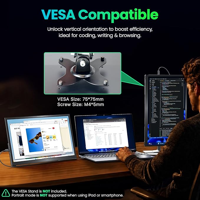 Upperizon Portable Monitor 18.4 inch 4K 3840X2160 130% sRGB 60Hz HDR HDMI USB-C Travel Monitor for Laptop MacBook PC Surface PS5 Xbox, Large External Display with Kickstand & Speakers, VESA Compatible - Image 6