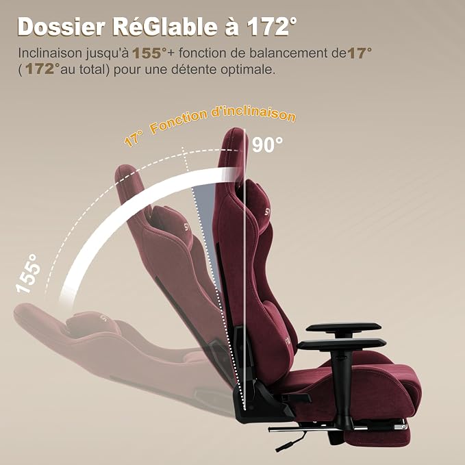 Symino Gaming Chair, High Back Ergonomic Office Chair with 2D Adjustable Armrests, 150° Recline, Breathable Faux Suede, Adjustable Headrest & Footrest for Home Office - Image 4