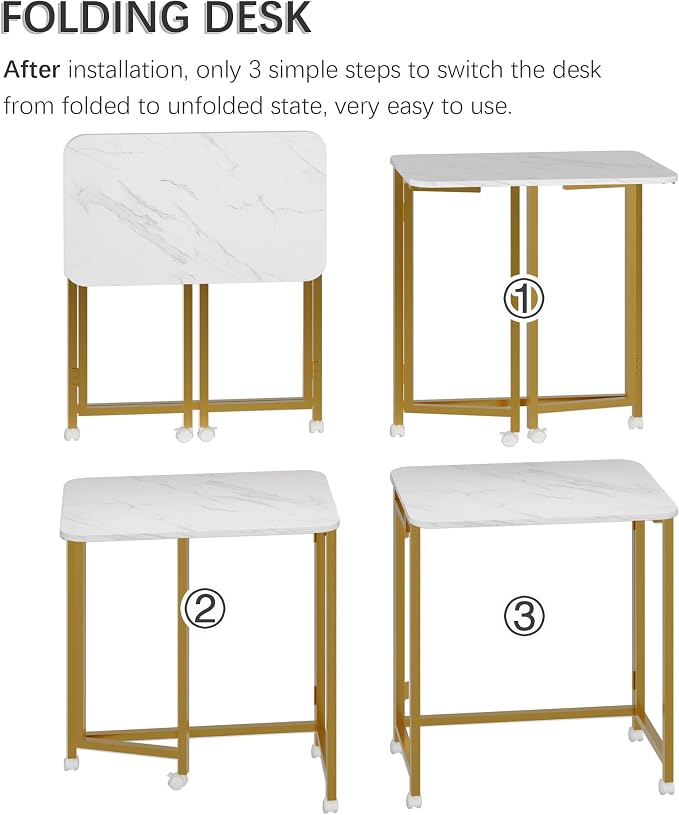 4NM 23.6" Mobile Small Rolling Computer Desk, Folding Laptop Cart Table with Wheels, Portable Office Desk for Small Space Couch Bed - White and Golden - Image 6