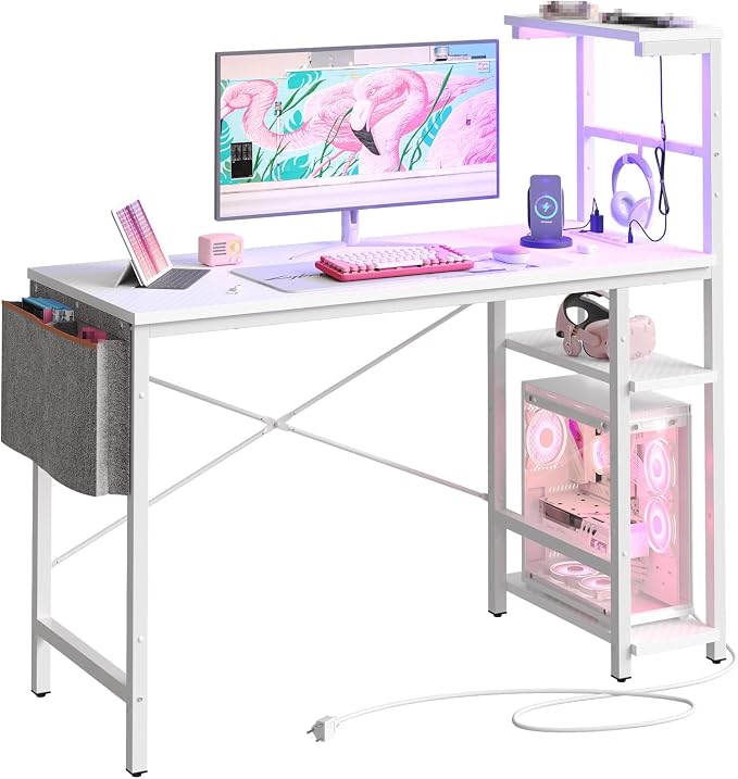 Bestier Gaming Desk with Power Outlets, 44 Inch Led Gamer Desk with 4 Tiers Reversible Shelves, PC Gaming Table with Headset Hook & Side Storage Bag for Bedroom (White 3D Carbon Fiber) - Image 8